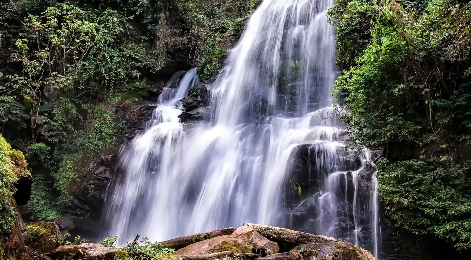Waterfall cascading down a forested rock face