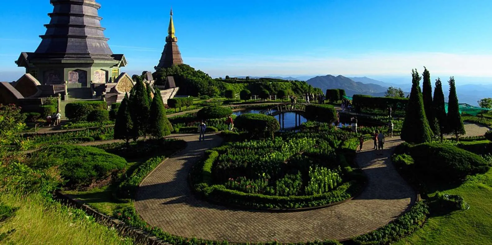 Twin Pagodas above garden paths