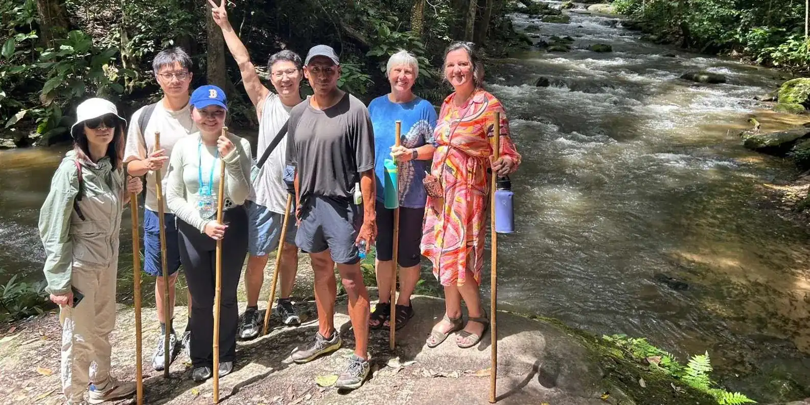 Guided group beside a forest stream